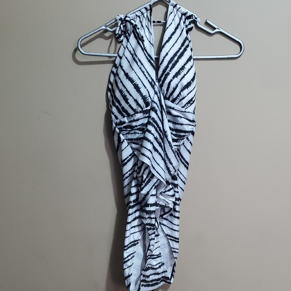 Black and White Striped Halter One Piece Swimsuit Size XL